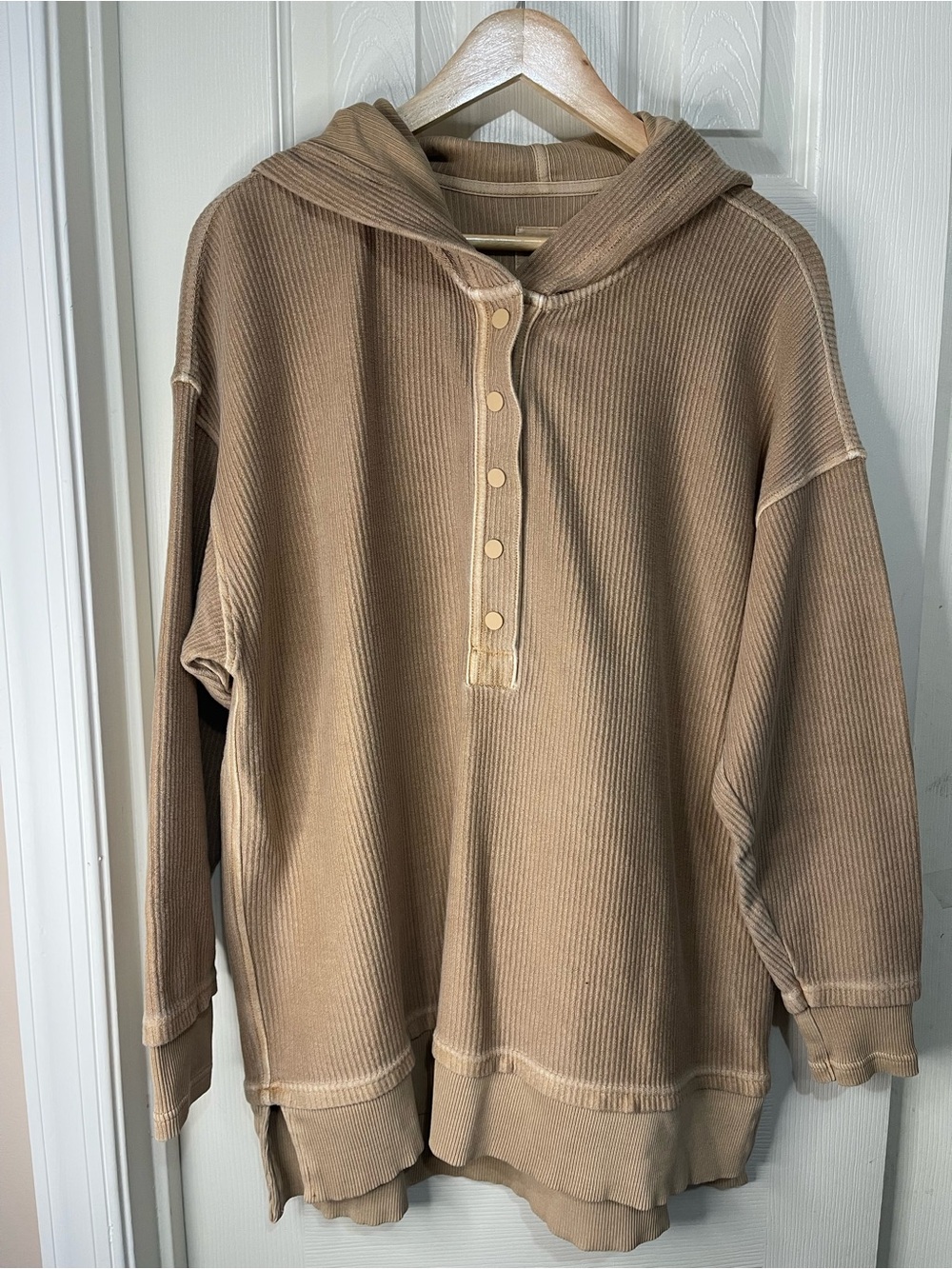 Aerie Oh Snap Weekend Henley Ribbed Hoodie Sweatshirt Oversized S Tan
